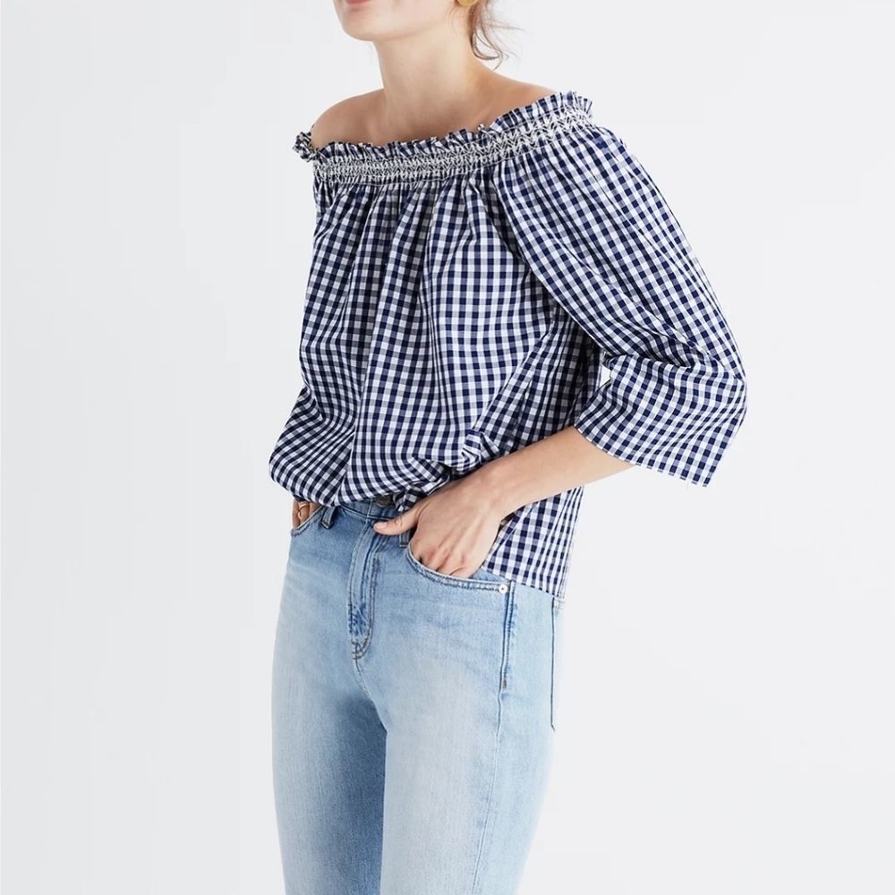 Madewell Smocked Blue Gingham Off-the-Shoulder Top Small